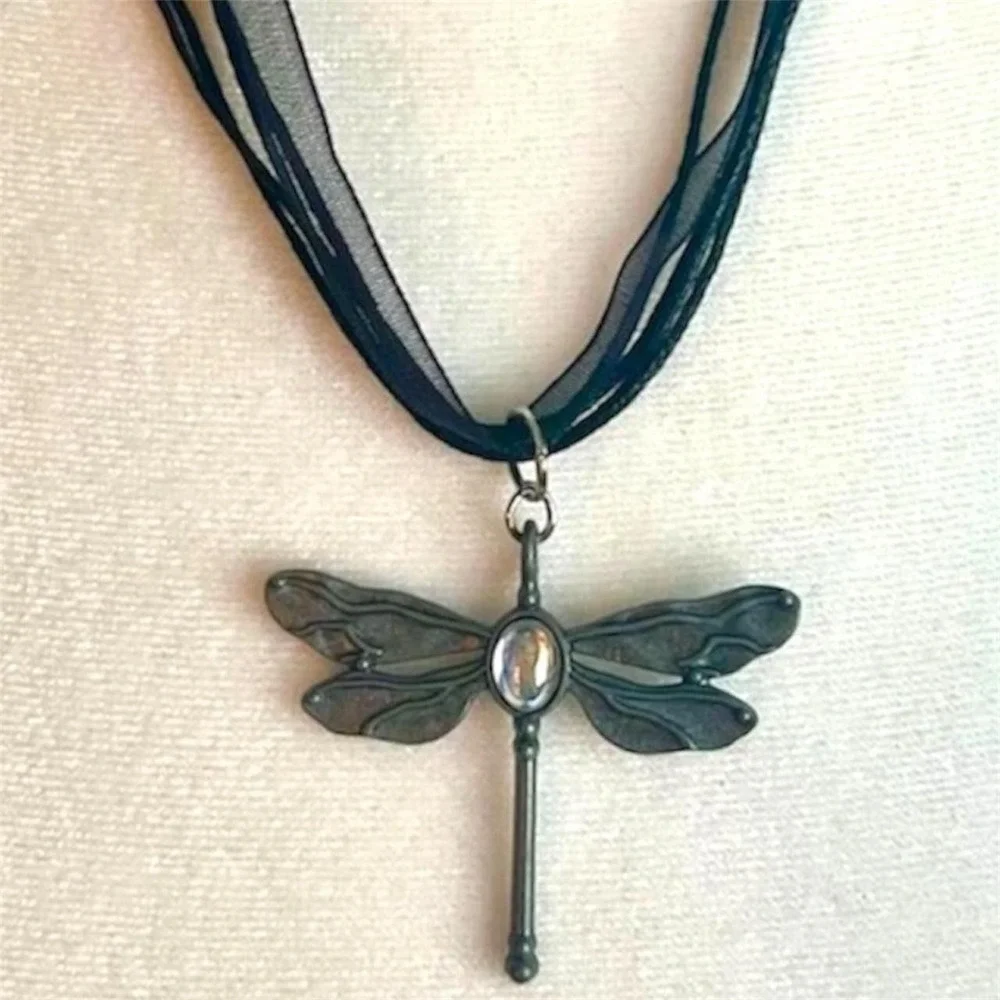 Beautiful  Dragonfly Pendant with Black Ribbon Necklace
